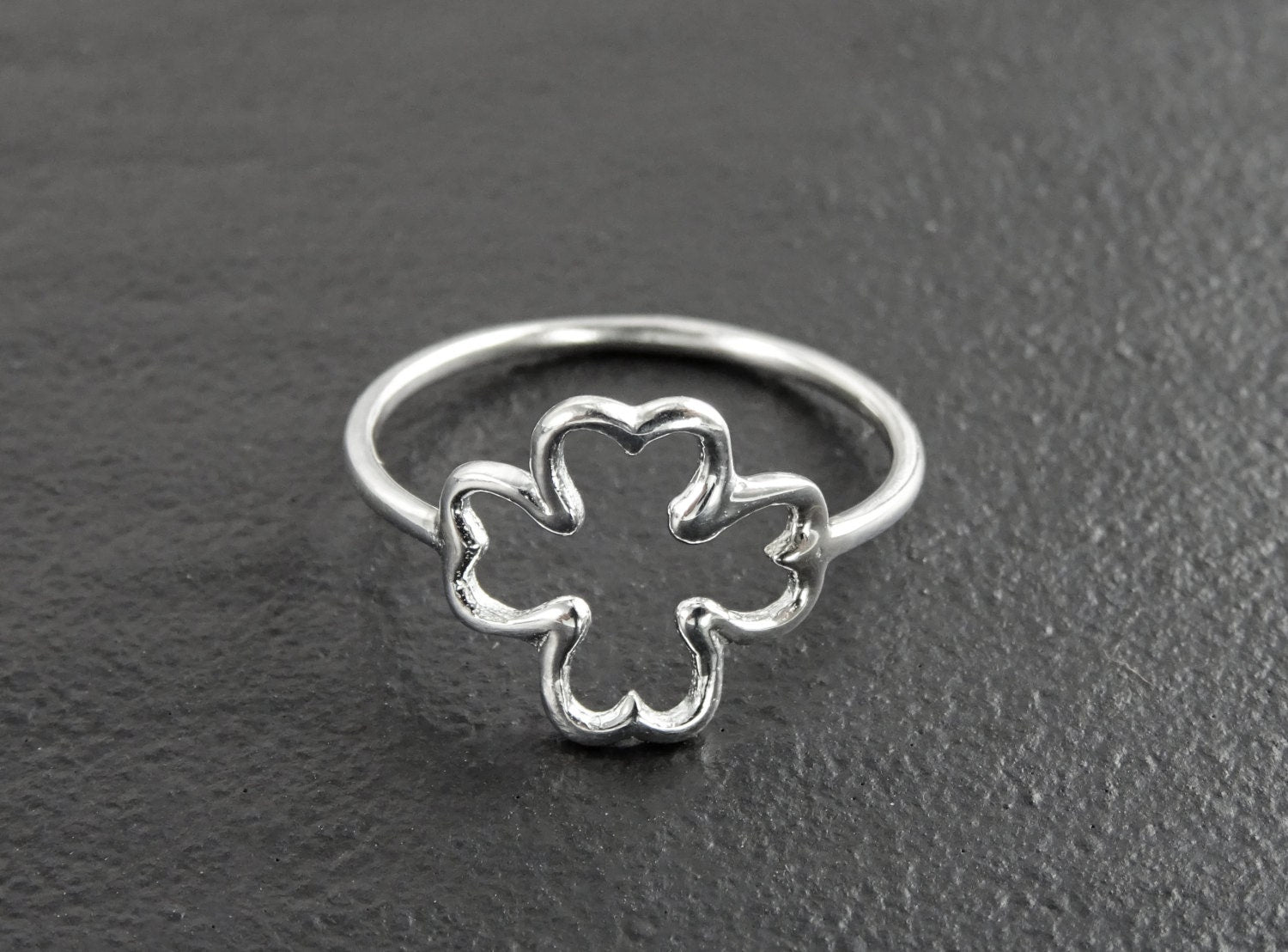 Clover Ring, Sterling Silver, Open Shamrock, Lucky Four Leaf, Trefoil Clover Leaf Ring brings good luck, Irish Saint Patrick's Day Gifts