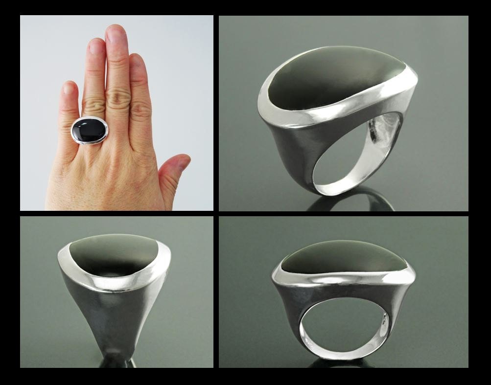 Oval Black Onyx Ring, Sterling Silver, Onyx Gemstone, Horizontal Stone, Wide Low Domed Ring, Unique Statement Ring, Modern Style Jewelry