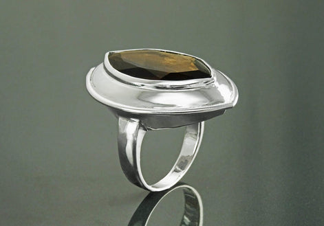Bague Quartz, Argent 925, Grand Zirconia Oval couleur Quartz Fumé, taillé en Marquise, Ligne Pure, Simple, Grande Bague Originale,