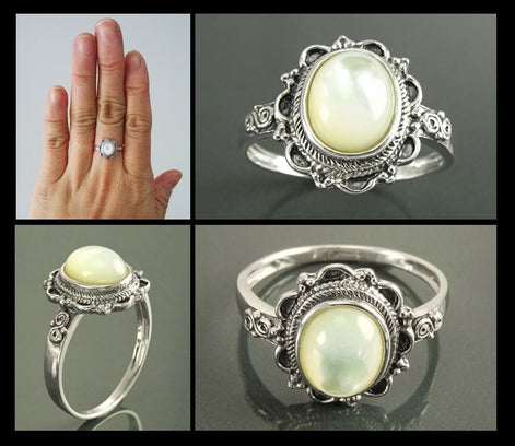 925 Mother of Pearl Ring, Sterling Silver, Real White MOP Ring, Dainty Stone Ring, Pretty Jewelry, Victorian Antique Ring, Boho Oval Ring