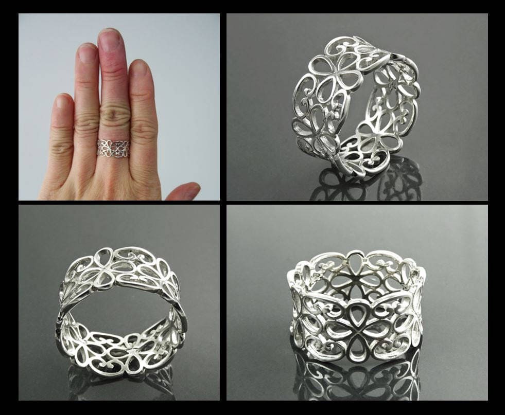 Sterling Silver Filigree Band Ring, Openwork Lace Design