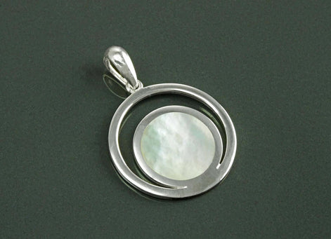 Moon Pendant, Sterling Silver, White Mother of Pearl Shell, Modern Minimalist Jewelry, Crescent Moon , Round Flat Stone, Planet Earth Symbol