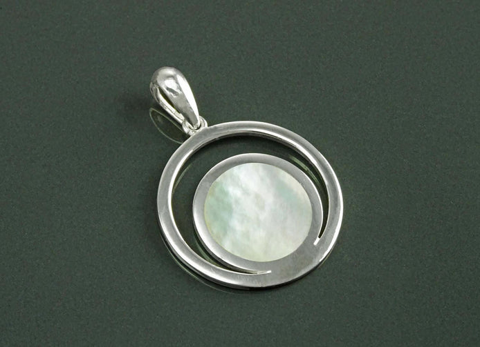 Moon Pendant, Sterling Silver, White Mother of Pearl Shell, Modern Minimalist Jewelry, Crescent Moon , Round Flat Stone, Planet Earth Symbol