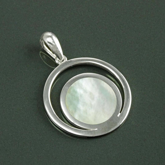 Moon Pendant, Sterling Silver, White Mother of Pearl Shell, Modern Minimalist Jewelry, Crescent Moon , Round Flat Stone, Planet Earth Symbol