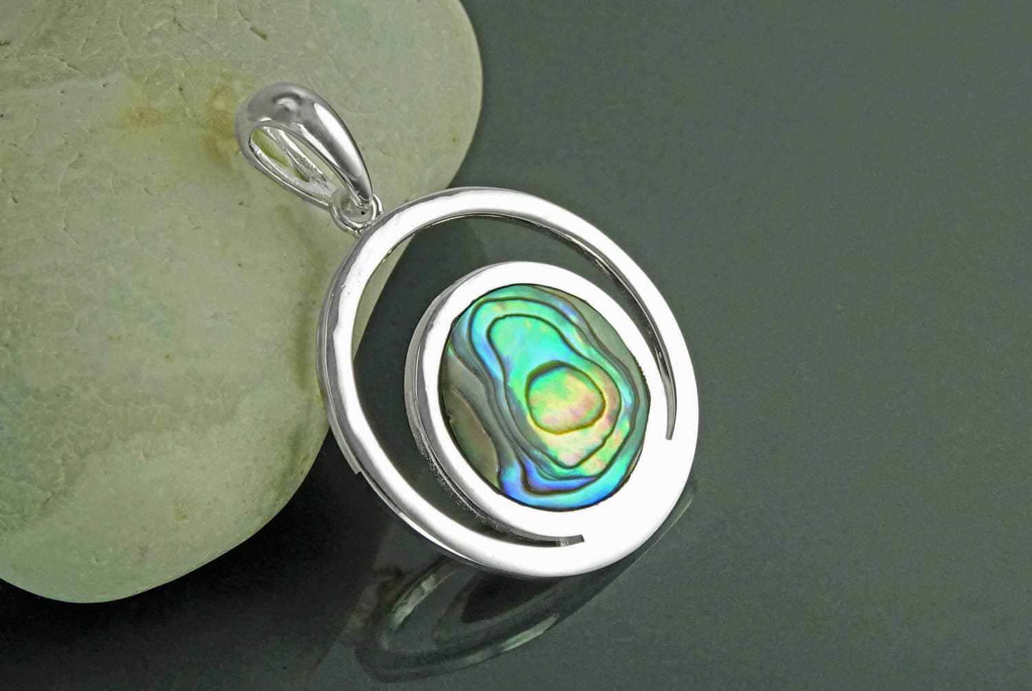 Full Moon Pendant, Sterling Silver, Genuine Paua Shell Abalone, Modern Jewelry, Crescent Moon, Round Flat Stone, Planet Earth Symbol