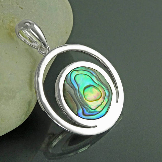 Full Moon Pendant, Sterling Silver, Genuine Paua Shell Abalone, Modern Jewelry, Crescent Moon, Round Flat Stone, Planet Earth Symbol