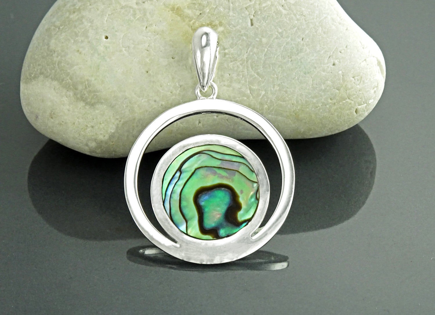 Full Moon Pendant, Sterling Silver, Genuine Paua Shell Abalone, Modern Jewelry, Crescent Moon, Round Flat Stone, Planet Earth Symbol