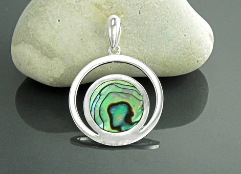 Full Moon Pendant, Sterling Silver, Genuine Paua Shell Abalone, Modern Jewelry, Crescent Moon, Round Flat Stone, Planet Earth Symbol