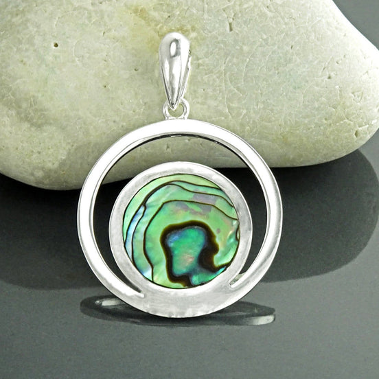 Full Moon Pendant, Sterling Silver, Genuine Paua Shell Abalone, Modern Jewelry, Crescent Moon, Round Flat Stone, Planet Earth Symbol