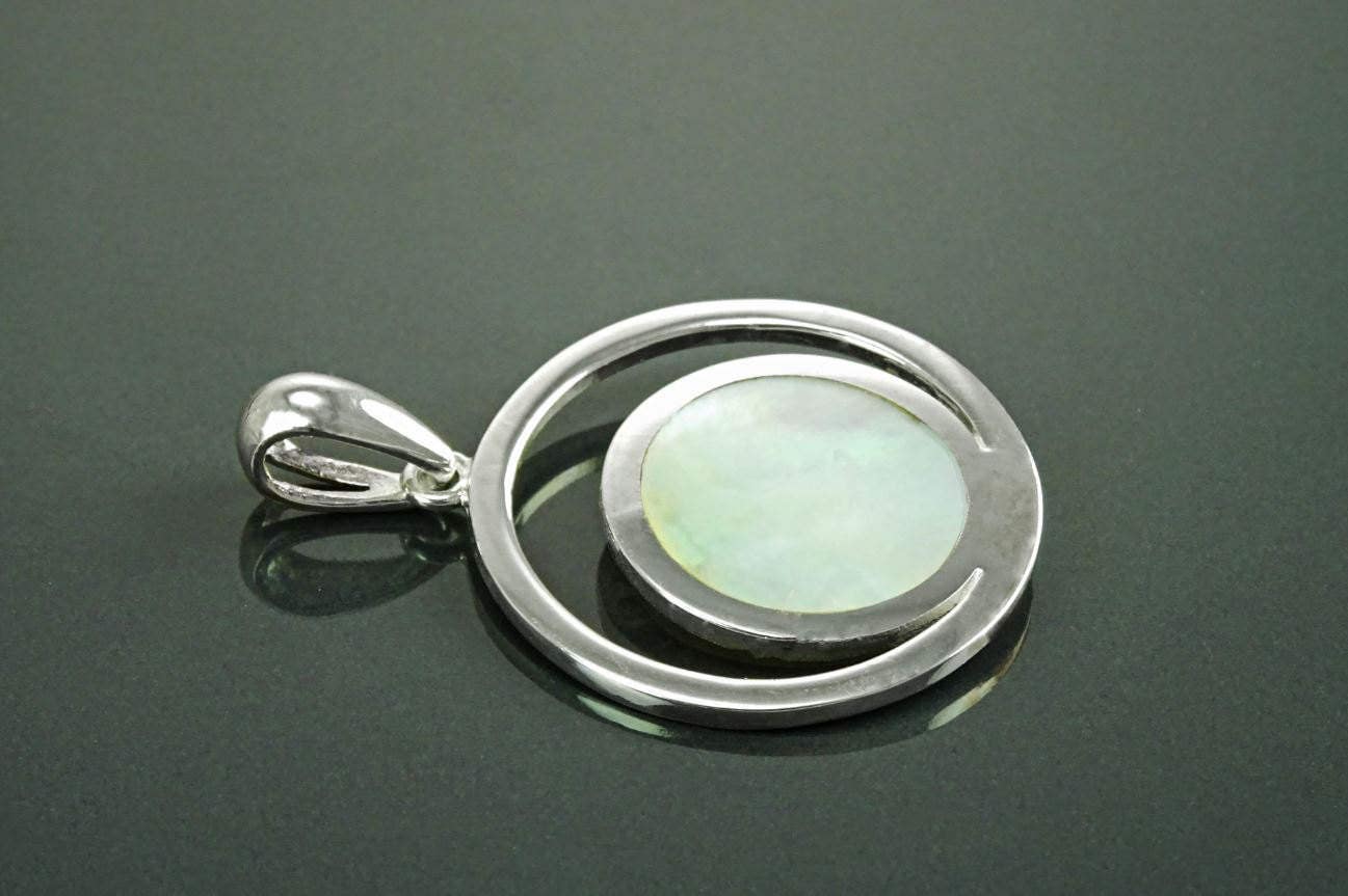 Moon Pendant, Sterling Silver, White Mother of Pearl Shell, Modern Minimalist Jewelry, Crescent Moon , Round Flat Stone, Planet Earth Symbol