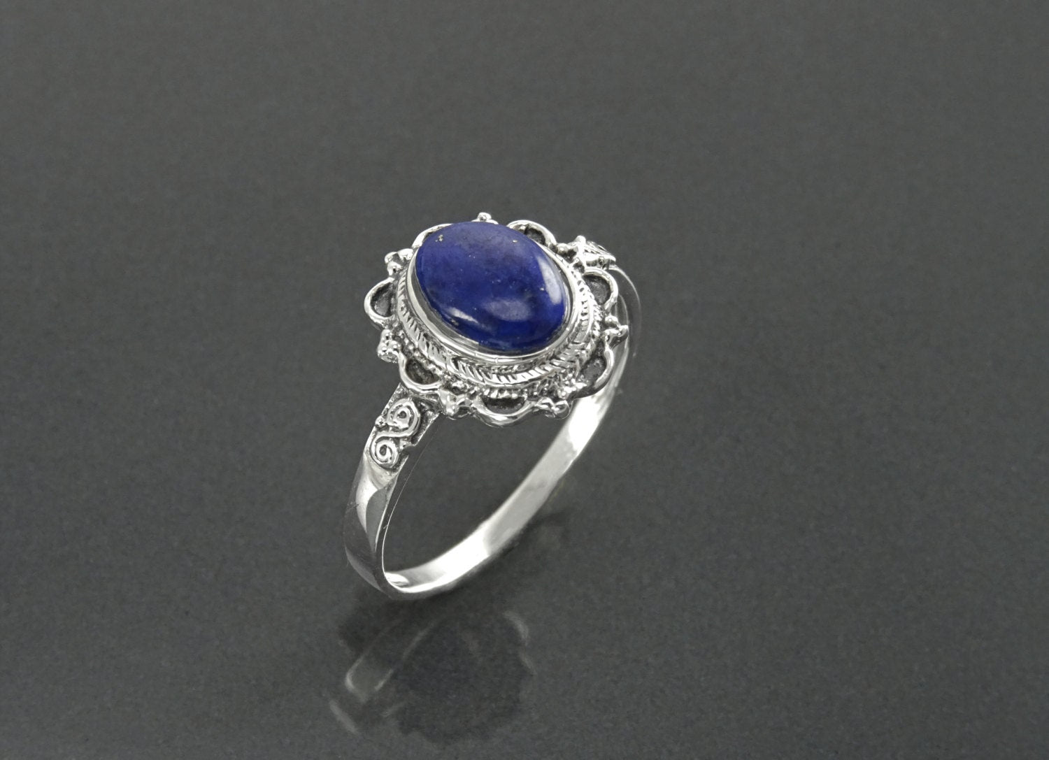 Sterling Silver Lapis Lazuli Ring, Boho Studded Pattern