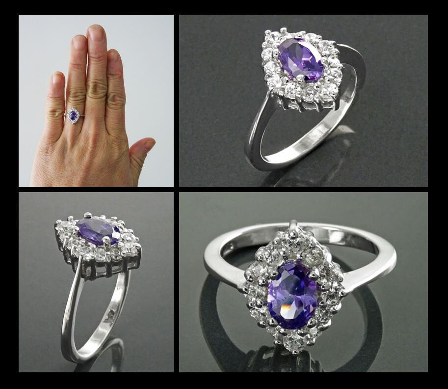 Purple Marquise Ring, Sterling Silver, White CZ Stones, Oval Amethyst Color CZ Stone, Engagement Ring, Classic Promise Jewelry, Woman Gift
