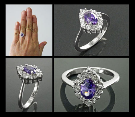 Purple Marquise Ring, Sterling Silver, White CZ Stones, Oval Amethyst Color CZ Stone, Engagement Ring, Classic Promise Jewelry, Woman Gift