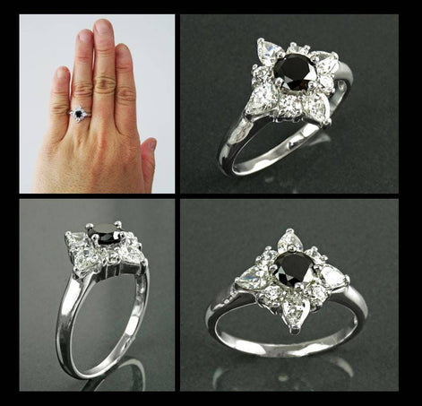925 Sterling Silver Black North Star Ring, Pave CZ Cluster, Modern White and Black Stone Ring