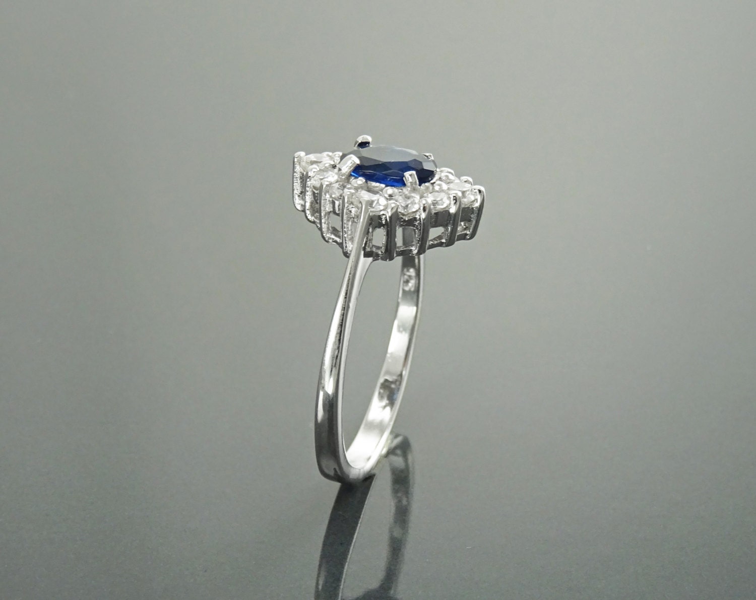 Blue Marquise Ring, Sterling Silver, Lab Diamonds simulant (CZ) and Lab Blue Sapphire simulant (CZ) Stones Ring, Classic Stone Jewelry