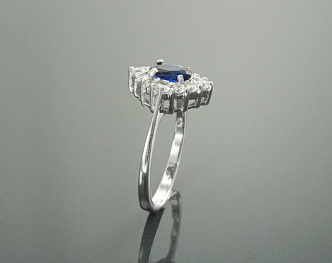 Blue Marquise Ring, Sterling Silver, Lab Diamonds simulant (CZ) and Lab Blue Sapphire simulant (CZ) Stones Ring, Classic Stone Jewelry