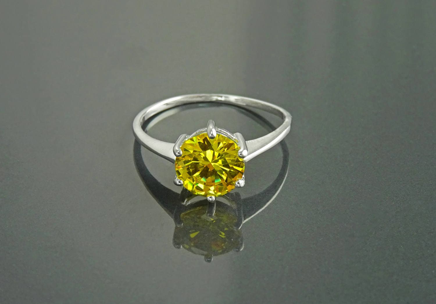 Solitaire Ring, Sterling Silver, 8mm Yellow Color (CZ) Stone, Modern promise jewelry Design, Women engagement gift