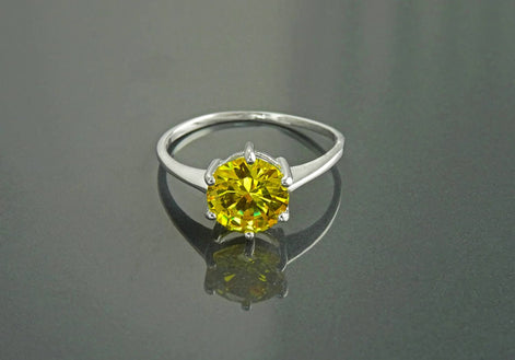 Solitaire Ring, Sterling Silver, 8mm Yellow Color (CZ) Stone, Modern promise jewelry Design, Women engagement gift
