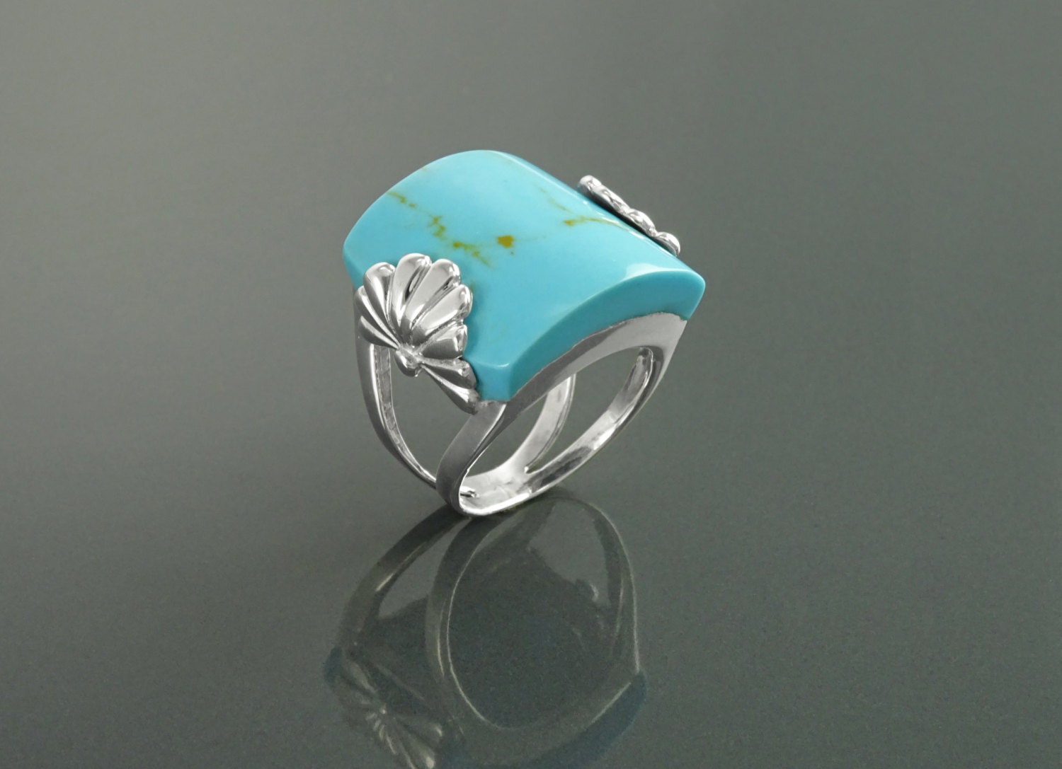 Antique Turquoise Ring, Sterling Silver, Blue Turquoise Curved Square Stone Ring, Art-Nouveau Art-Deco Jewelry