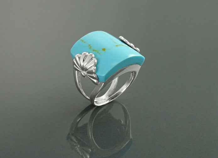 Antique Turquoise Ring, Sterling Silver, Blue Turquoise Curved Square Stone Ring, Art-Nouveau Art-Deco Jewelry