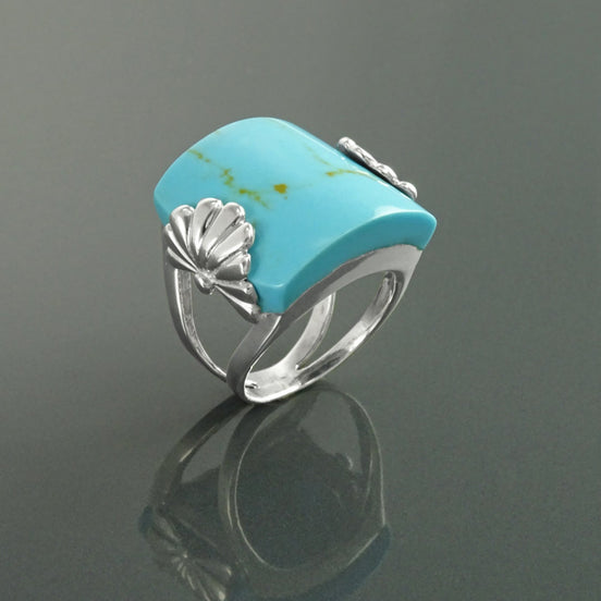 Antique Turquoise Ring, Sterling Silver, Blue Turquoise Curved Square Stone Ring, Art-Nouveau Art-Deco Jewelry