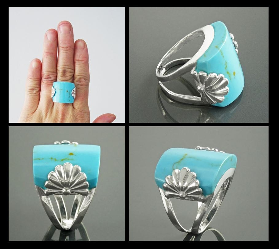 Antique Turquoise Ring, Sterling Silver, Blue Turquoise Curved Square Stone Ring, Art-Nouveau Art-Deco Jewelry