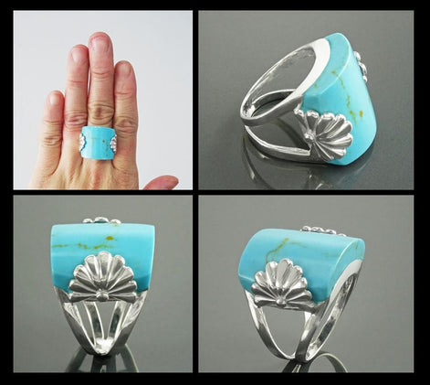Antique Turquoise Ring, Sterling Silver, Blue Turquoise Curved Square Stone Ring, Art-Nouveau Art-Deco Jewelry