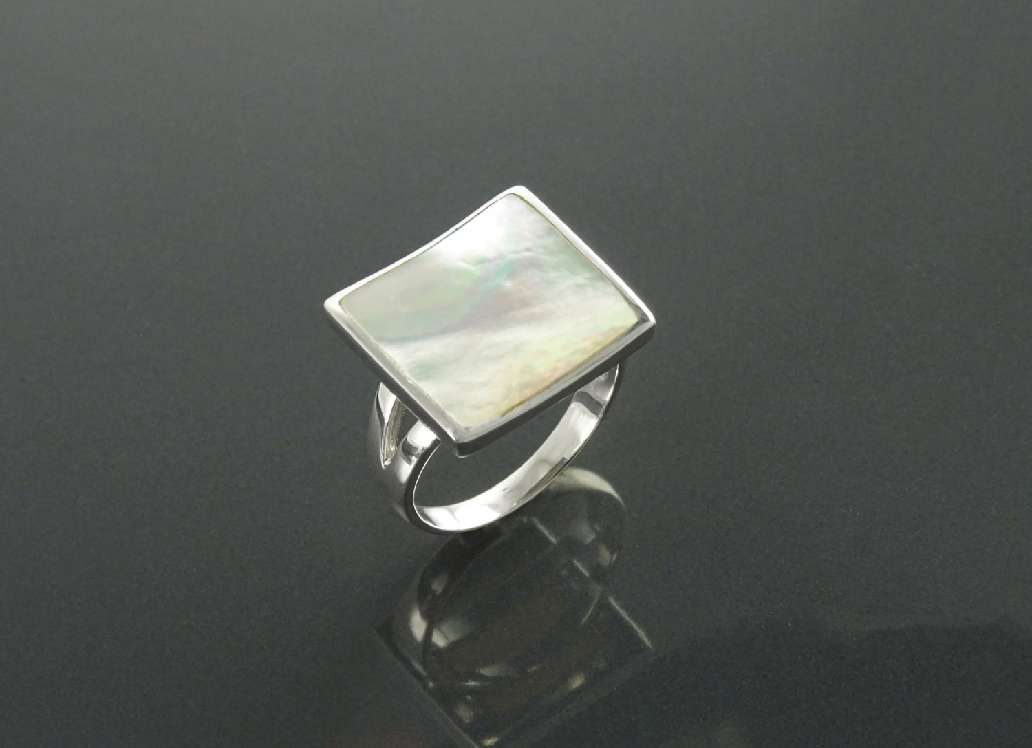 White Square Ring, Sterling Silver, Minimalist Geometric White Stone Ring, Mother of Pearl Shell , Curved Stone, Modern Minimal Jewelry