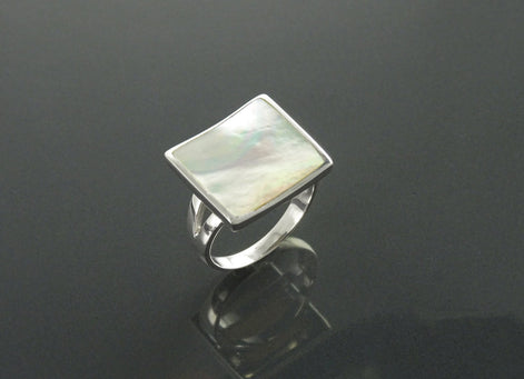 White Square Ring, Sterling Silver, Minimalist Geometric White Stone Ring, Mother of Pearl Shell , Curved Stone, Modern Minimal Jewelry