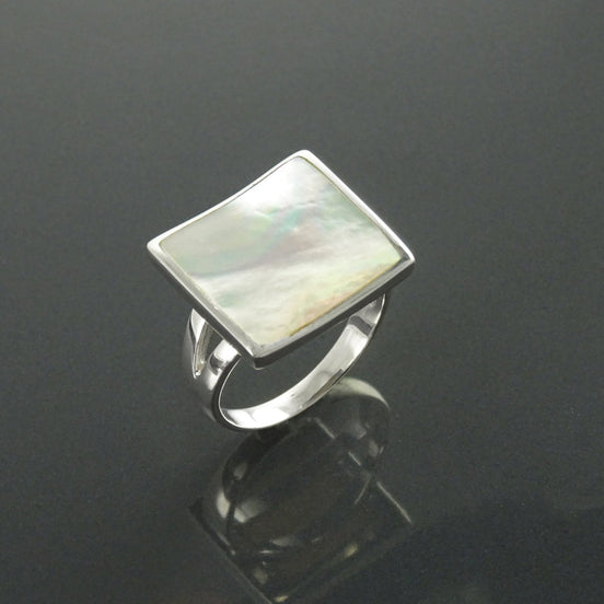 White Square Ring, Sterling Silver, Minimalist Geometric White Stone Ring, Mother of Pearl Shell , Curved Stone, Modern Minimal Jewelry