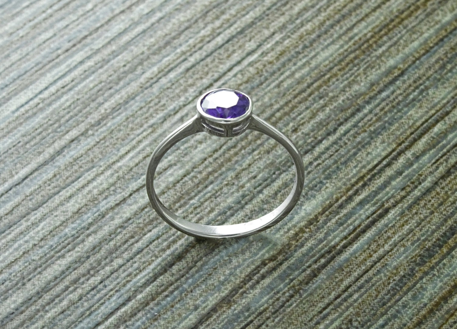 Purple Stone Ring, Sterling Silver, Comfortable Low Round Setting Ring, Amethyst simulant Stone (CZ), Minimalist Purple Solitaire Ring