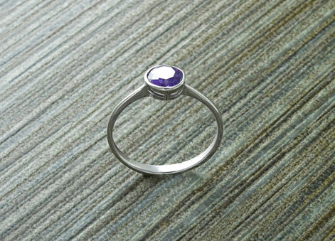 Purple Stone Ring, Sterling Silver, Comfortable Low Round Setting Ring, Amethyst simulant Stone (CZ), Minimalist Purple Solitaire Ring