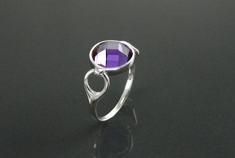 Purple Ring, Sterling Silver, Amethyst Color Round Stone (CZ), Unique Faceted Round Stone, Original Solitaire Violet Stone Jewelry