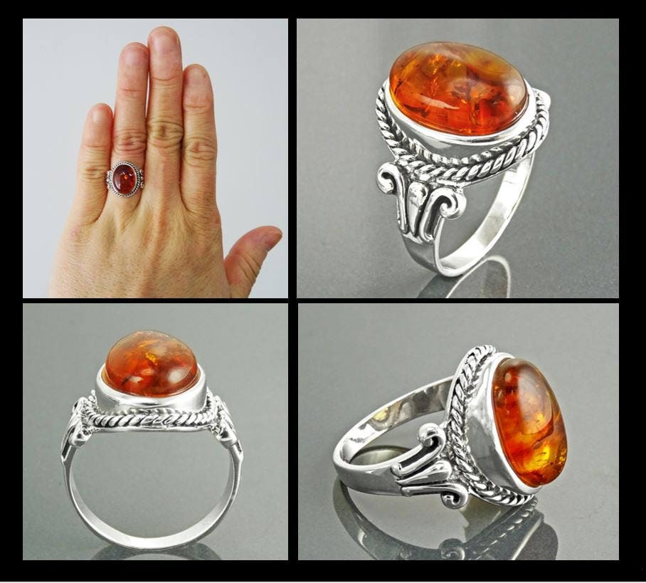 Oval Amber Gemstone Ring, Sterling Silver Rope Shank, Boho Unisex Jewelry By KRAMIKE