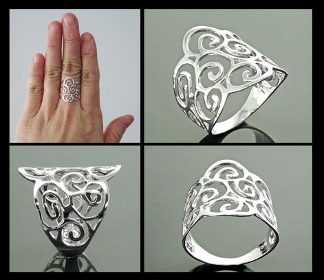 Scroll Filigree Ring, Sterling Silver, Scrolls Design Ring, Spirals Pattern Ring, Wide Band Ring, Elegant Ring, Lace Ring, Open Work Ring