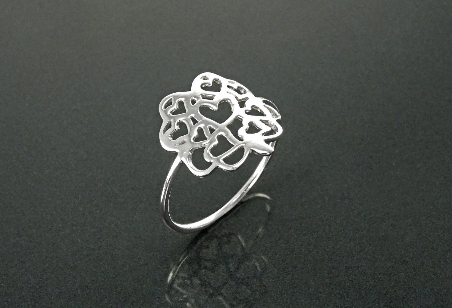 Clover Heart Ring, Sterling Silver, Lucky Four Leaf and Filigree Hearts Design, Celtic Gift