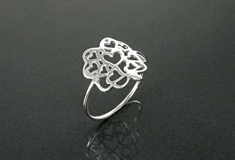 Clover Heart Ring, Sterling Silver, Lucky Four Leaf and Filigree Hearts Design, Celtic Gift