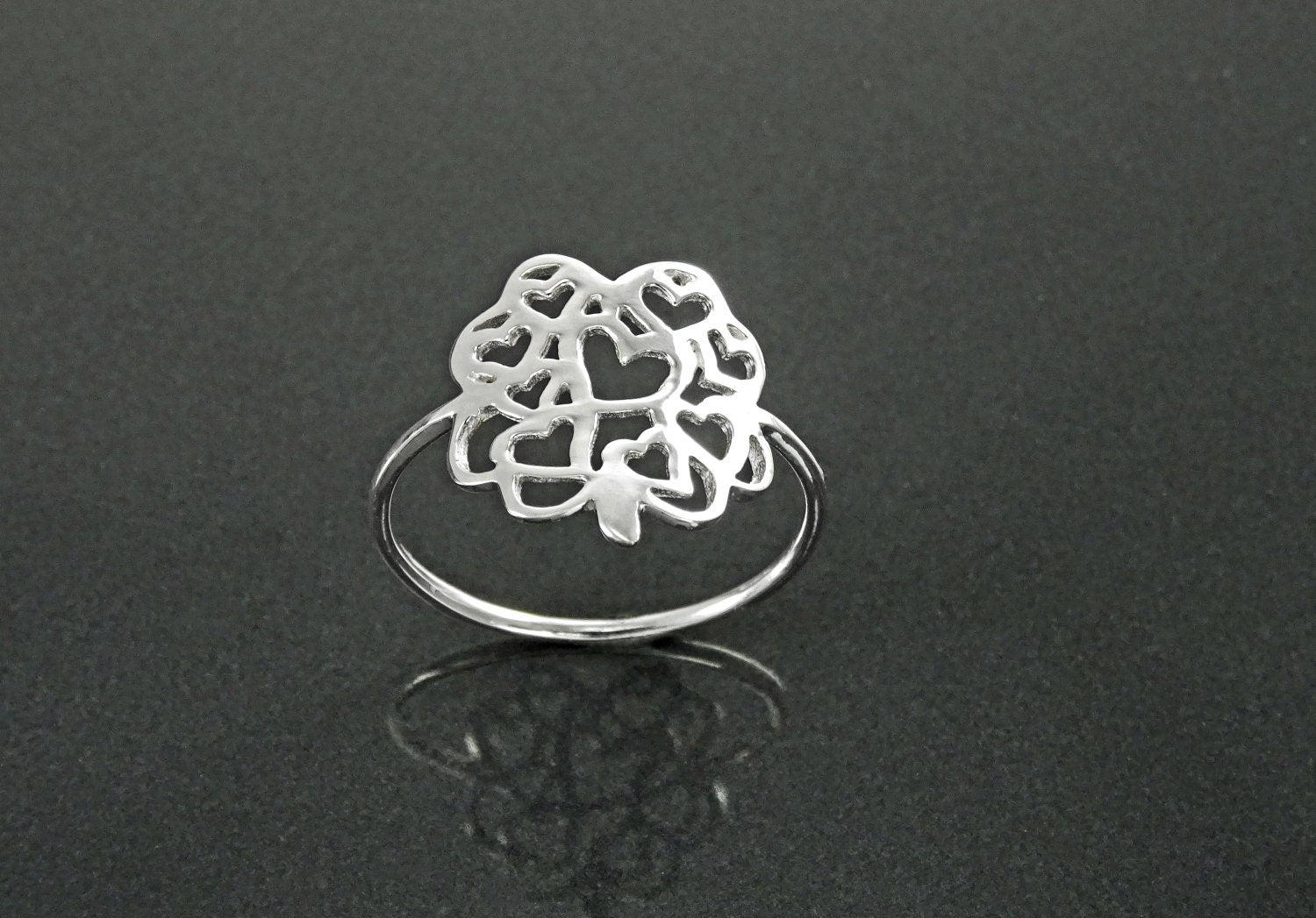 Clover Heart Ring, Sterling Silver, Lucky Four Leaf and Filigree Hearts Design, Celtic Gift