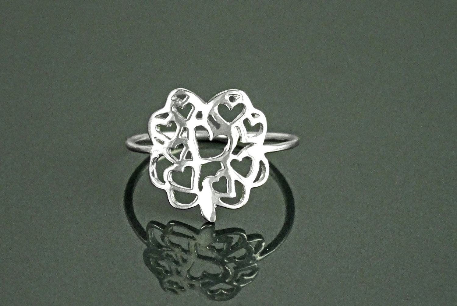 Clover Heart Ring, Sterling Silver, Lucky Four Leaf and Filigree Hearts Design, Celtic Gift