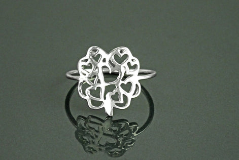 Clover Heart Ring, Sterling Silver, Lucky Four Leaf and Filigree Hearts Design, Celtic Gift