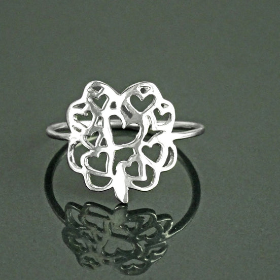 Clover Heart Ring, Sterling Silver, Lucky Four Leaf and Filigree Hearts Design, Celtic Gift