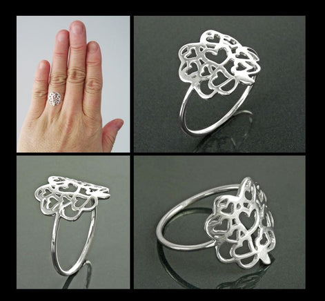 Clover Heart Ring, Sterling Silver, Lucky Four Leaf and Filigree Hearts Design, Celtic Gift