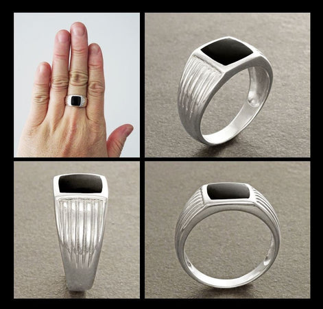 Man Signet Ring, Men Sterling Silver Jewelry, Black Onyx Cushion Stone, Father's Day gift, Valentine's Day idea