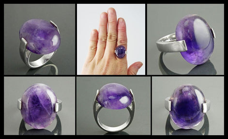 Genuine Amethyst Ring - Sterling Silver - Geometric Ring - Oval Shape - Designer Ring - Modern Ring - Minimalist Ring - Everyday - Purple