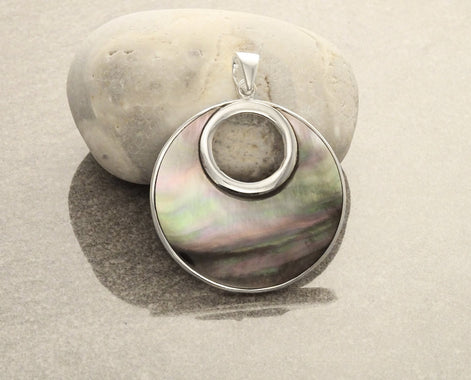 Grey Round Necklace, Sterling Silver, GENUINE Gray Paua Shell Shell with Reflections Jewelry Pendant, Unique Geometric Minimalist Moon shape