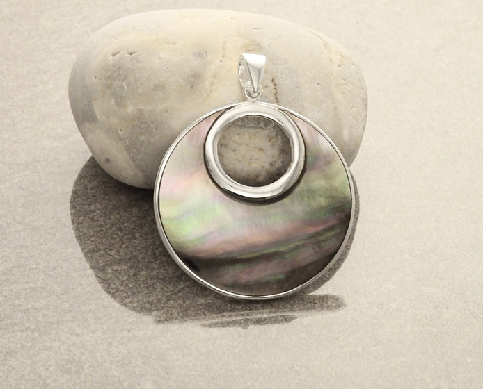 Grey Round Necklace, Sterling Silver, GENUINE Gray Paua Shell Shell with Reflections Jewelry Pendant, Unique Geometric Minimalist Moon shape