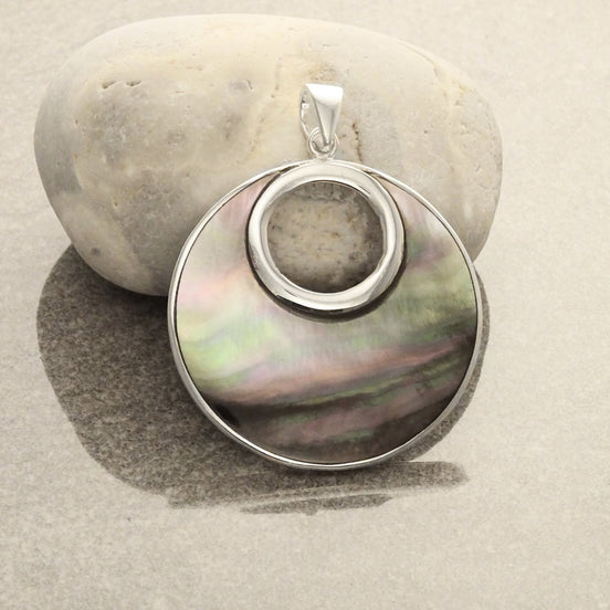 Grey Round Necklace, Sterling Silver, GENUINE Gray Paua Shell Shell with Reflections Jewelry Pendant, Unique Geometric Minimalist Moon shape