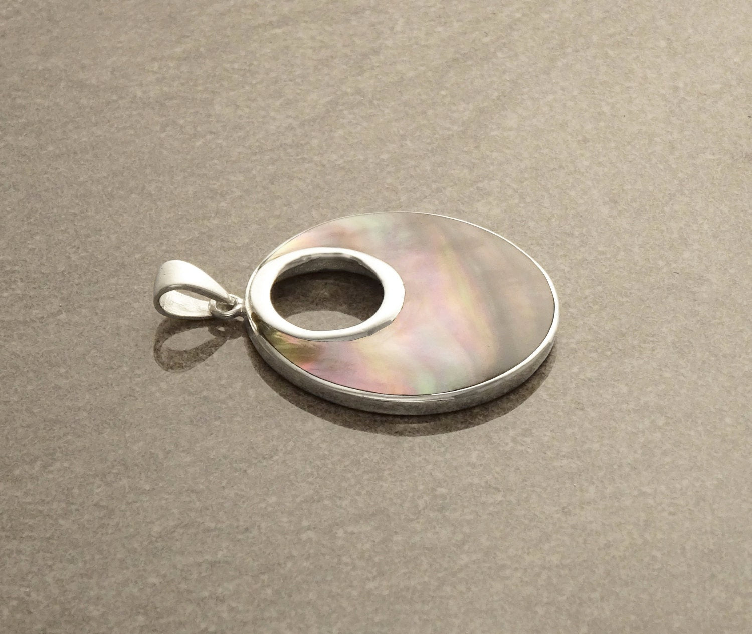 Grey Round Necklace, Sterling Silver, GENUINE Gray Paua Shell Shell with Reflections Jewelry Pendant, Unique Geometric Minimalist Moon shape