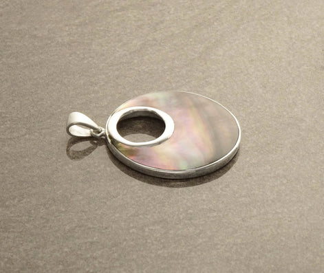 Grey Round Necklace, Sterling Silver, GENUINE Gray Paua Shell Shell with Reflections Jewelry Pendant, Unique Geometric Minimalist Moon shape