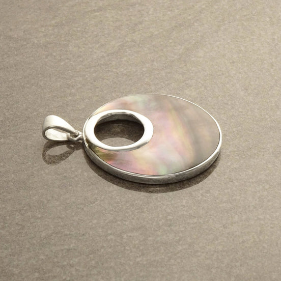 Grey Round Necklace, Sterling Silver, GENUINE Gray Paua Shell Shell with Reflections Jewelry Pendant, Unique Geometric Minimalist Moon shape